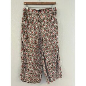 Tahari Womens 100% Linen Wide Leg Geometric Print Pants Rust Olive Black Size L